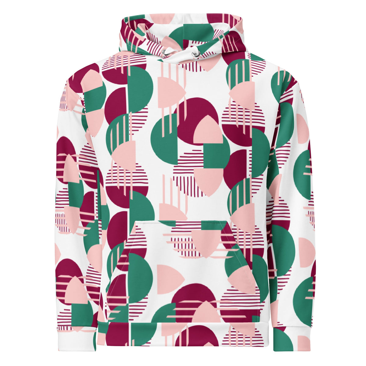 Good Wishes 365 recycled unisex hoodie featuring a vibrant geometric print in pink, burgundy, and green with a hood.