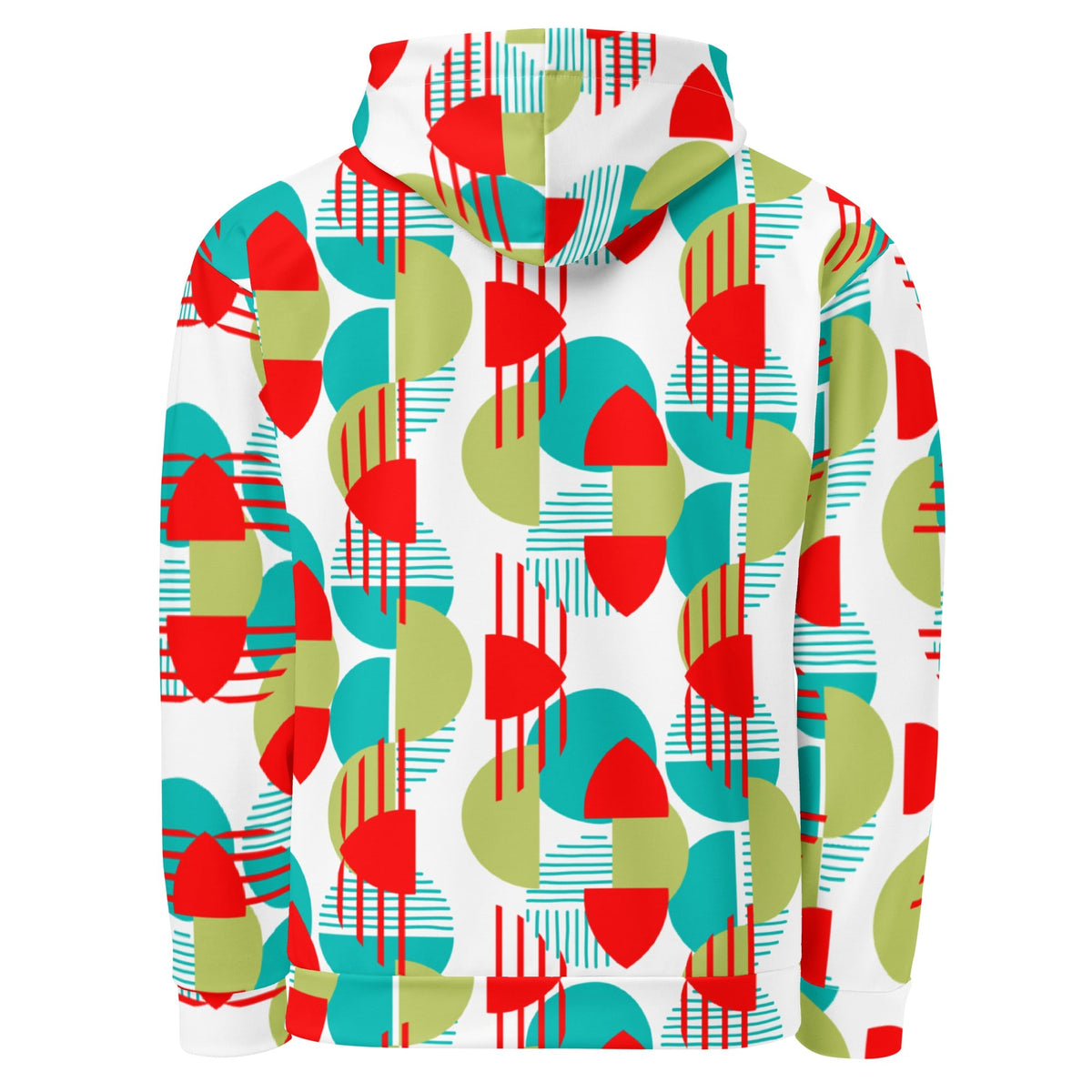 Good Wishes 365 recycled hoodie featuring a vibrant red, green, and teal geometric all-over print, back view.