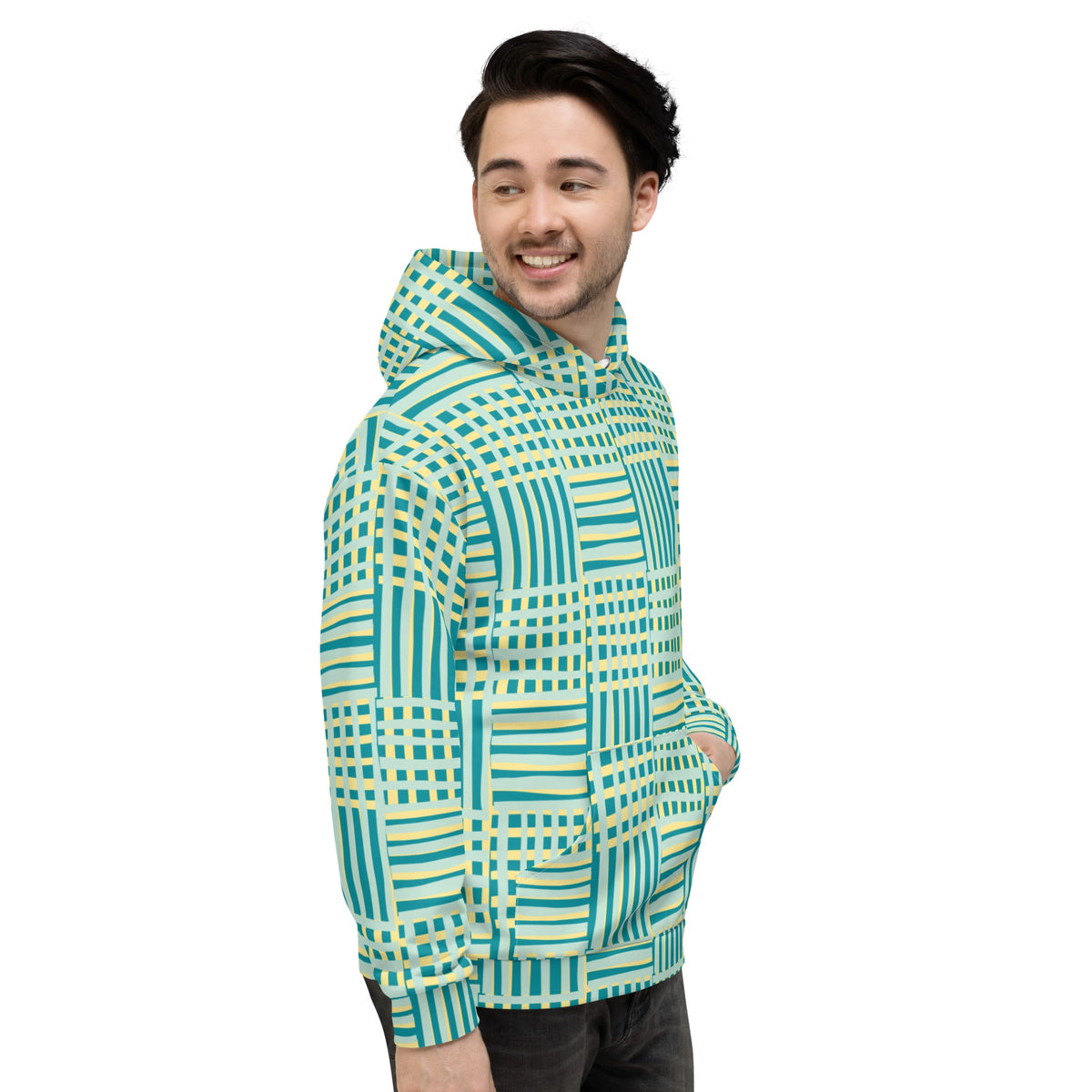 Good Wishes 365 recycled hoodie with blue and yellow geometric stripes worn by a man looking to the side