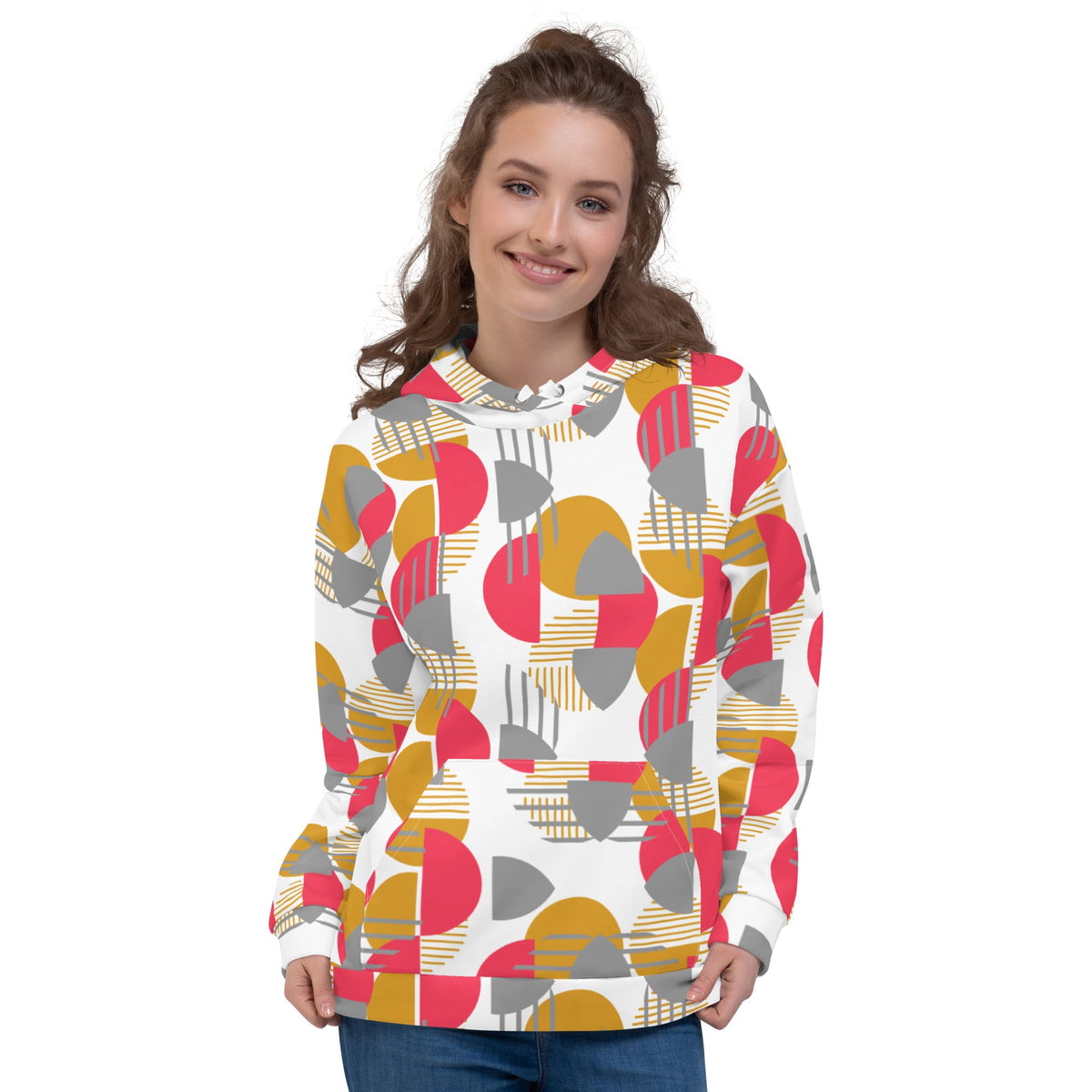 Good Wishes 365 unisex recycled hoodie featuring a rose red, mustard, and silver geometric circle print on white