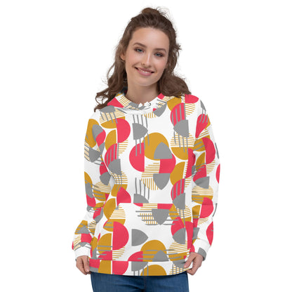 Good Wishes 365 unisex recycled hoodie featuring a rose red, mustard, and silver geometric circle print on white
