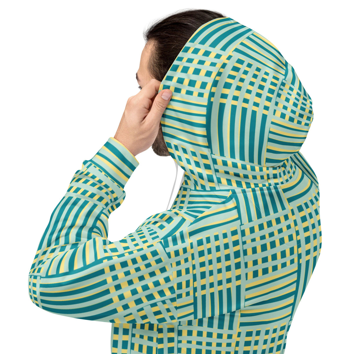 Good Wishes 365 recycled hoodie with blue and yellow geometric stripes and a cozy hood, worn by a man from the side.