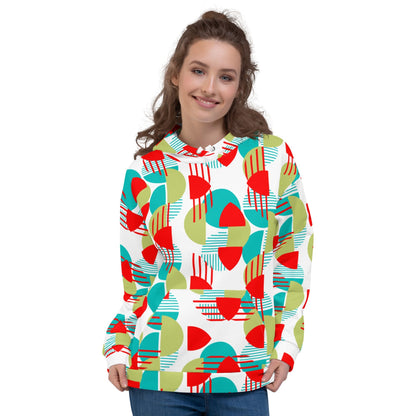 Good Wishes 365 unisex recycled hoodie featuring a vibrant red, green, and teal geometric pattern on a white base.