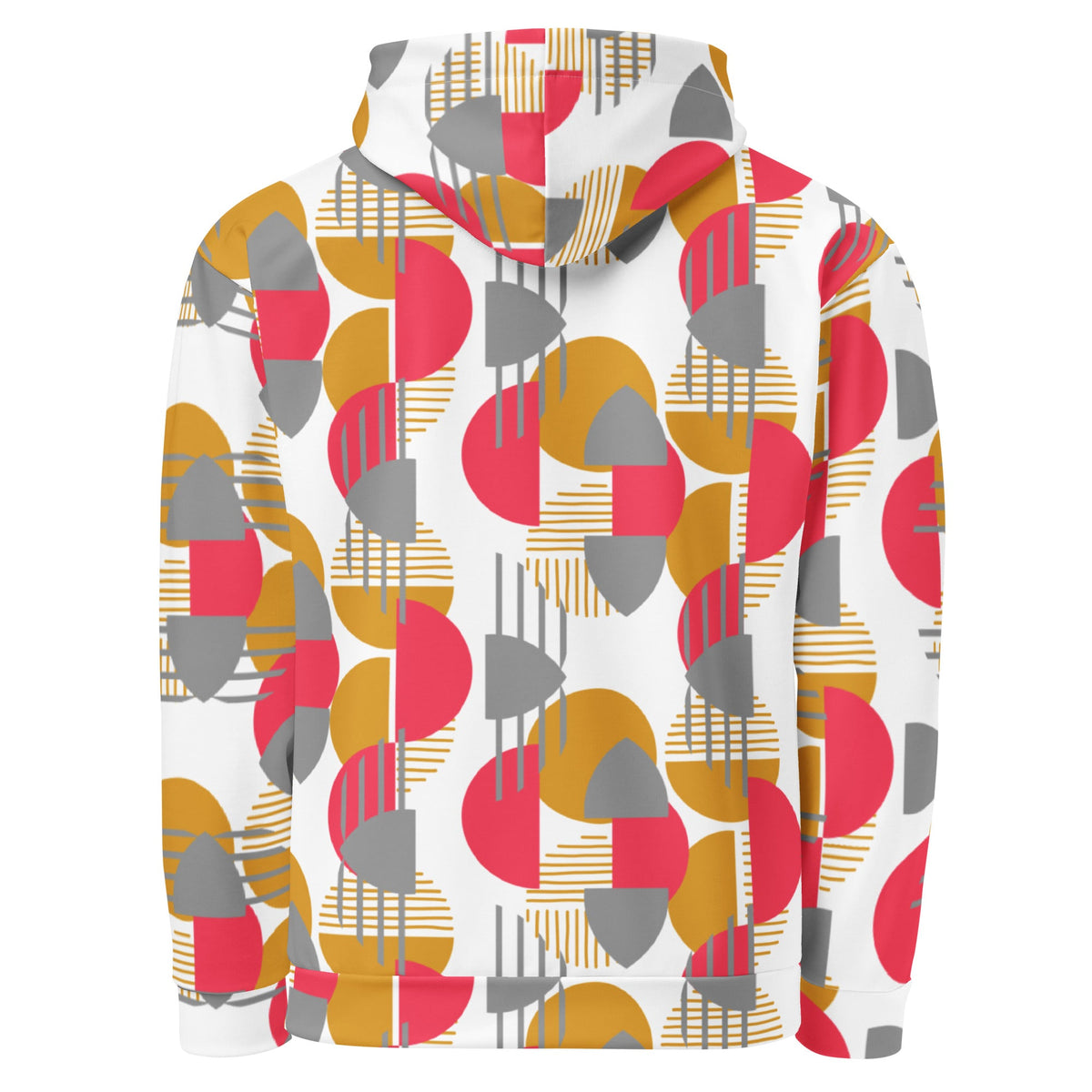 Good Wishes 365 recycled hoodie featuring a rose red, mustard, and silver geometric all-over print, back view.