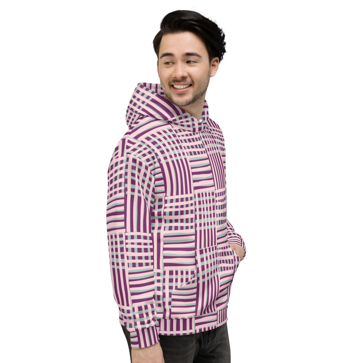 Good Wishes 365 recycled hoodie with purple and blue geometric stripes worn by a man looking to the side