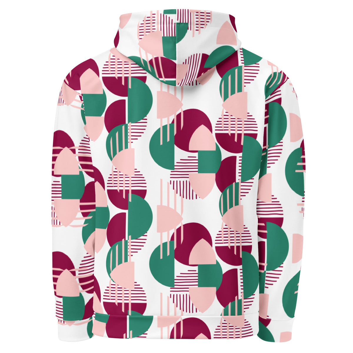 Back view of a Good Wishes 365 recycled hoodie featuring a pink, burgundy, and green geometric all-over print.