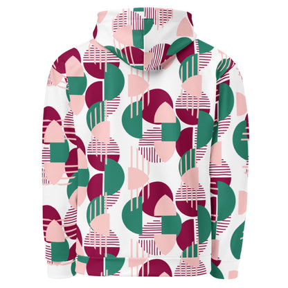 Back view of a Good Wishes 365 recycled hoodie featuring a pink, burgundy, and green geometric all-over print.