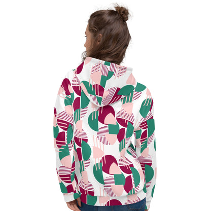 Good Wishes 365 recycled hoodie with pink, burgundy, and green geometric print worn by a woman, back view