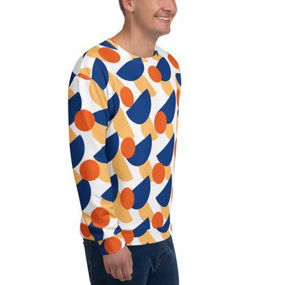 Good Wishes 365 unisex recycled sweatshirt featuring a vibrant geometric mushroom print in cerulean, orange, and yellow.