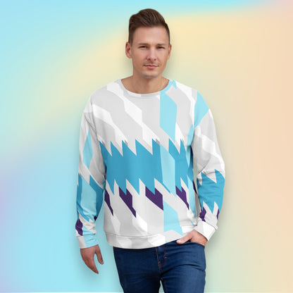 Good Wishes 365 unisex recycled sweatshirt featuring a blue, white, and purple geometric Glacier Shift print.