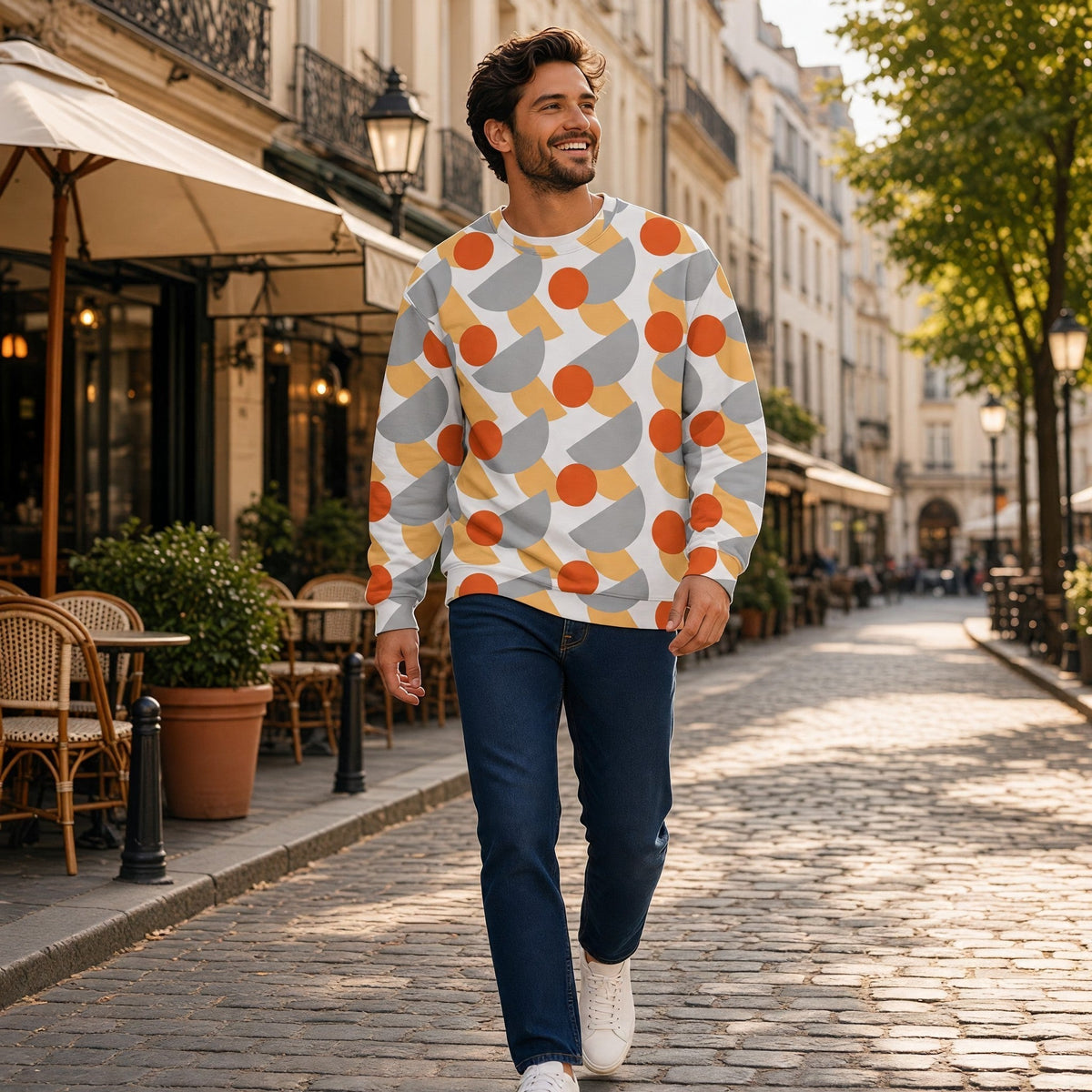 Good Wishes 365 recycled sweatshirt with orange, yellow, and grey geometric print worn by a man on a city street.