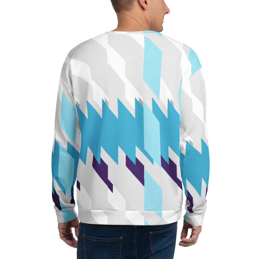 Back view of a Good Wishes 365 unisex sweatshirt featuring a blue, white, and purple geometric Glacier Shift print.