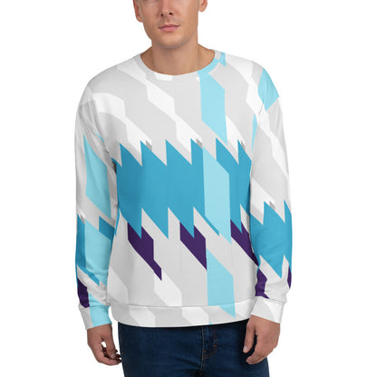 Good Wishes 365 unisex recycled sweatshirt featuring a blue, white, and purple geometric Glacier Shift print.