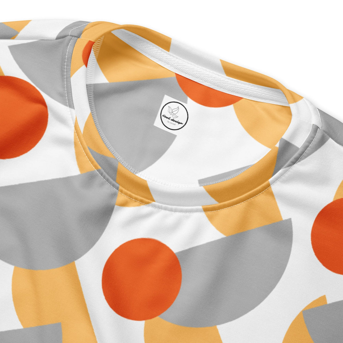 Good Wishes 365 recycled crew neck sweatshirt with an orange, yellow, and grey geometric circle all-over print.