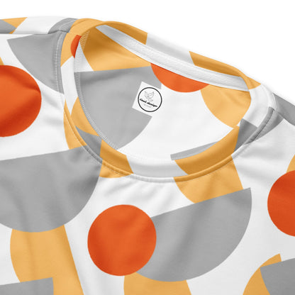 Good Wishes 365 recycled crew neck sweatshirt with an orange, yellow, and grey geometric circle all-over print.