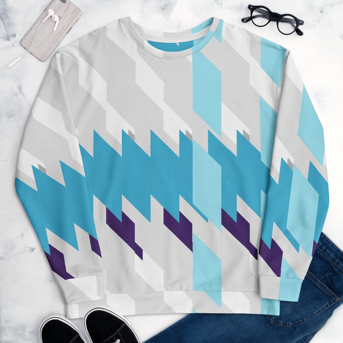 Good Wishes 365 unisex sweatshirt featuring a blue, white, and purple geometric Glacier Shift print on recycled fabric.