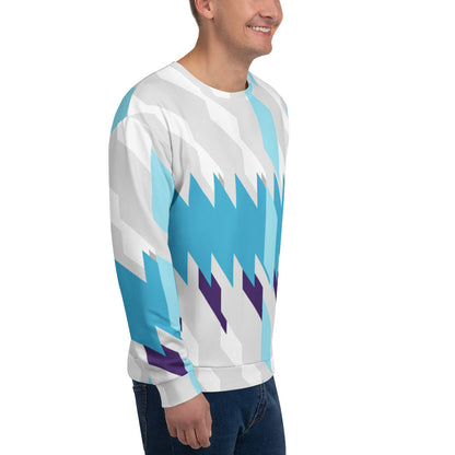 Good Wishes 365 unisex recycled sweatshirt with a blue, white, and purple geometric glacier shift print, side view