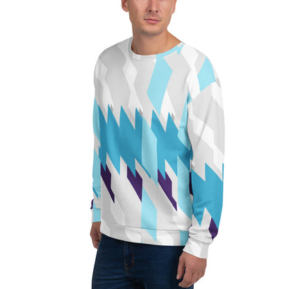 Good Wishes 365 unisex recycled sweatshirt featuring a blue, white, and purple geometric glacier shift print.