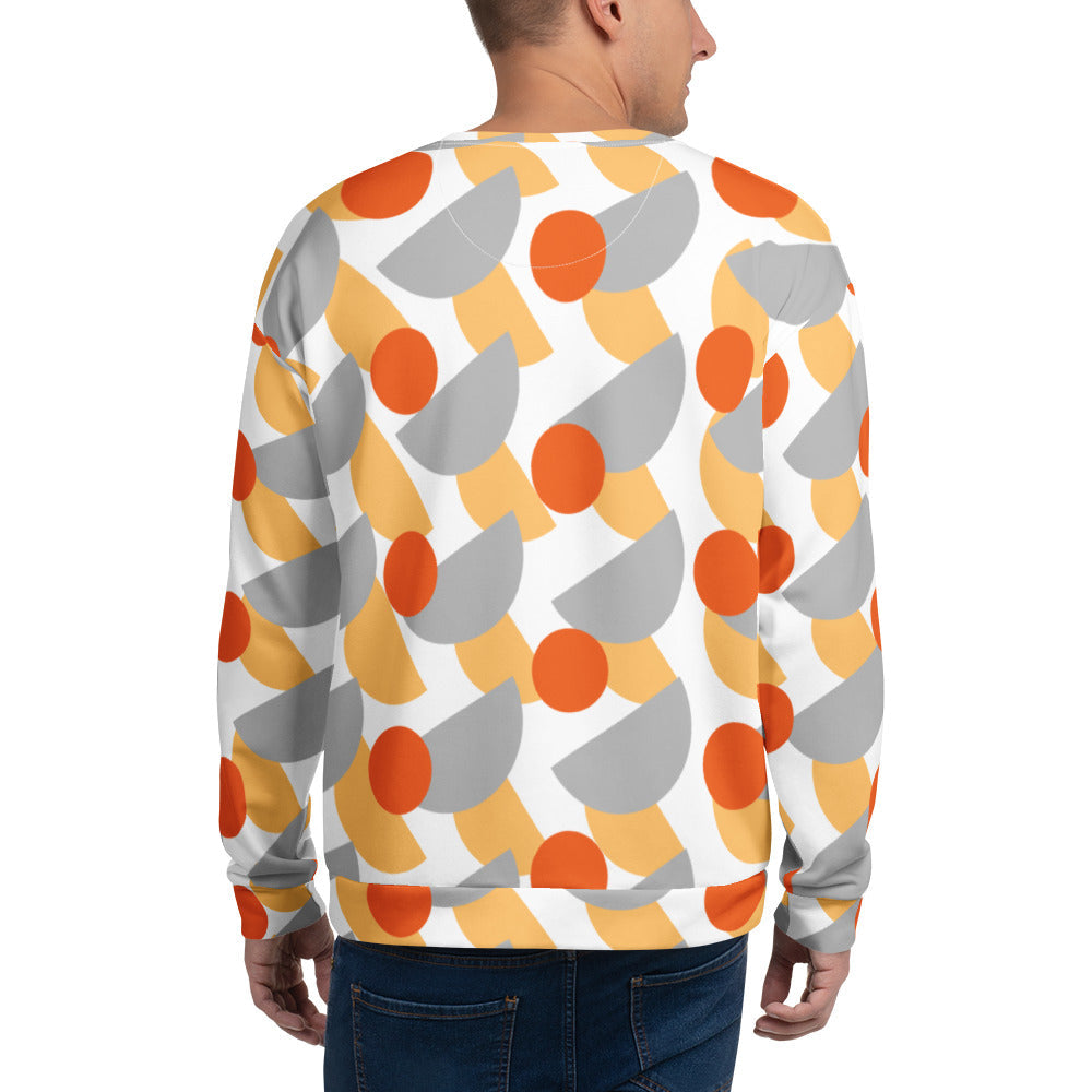 Good Wishes 365 men's recycled sweatshirt featuring an orange, yellow, and grey geometric circle print, back view.