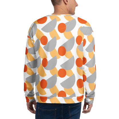 Good Wishes 365 men's recycled sweatshirt featuring an orange, yellow, and grey geometric circle print, back view.