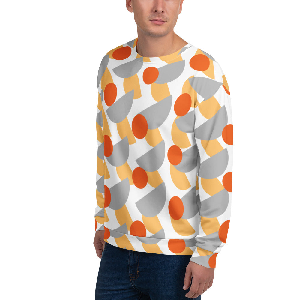 Good Wishes 365 men's recycled sweatshirt with orange, yellow, and grey geometric circle print and crew neck