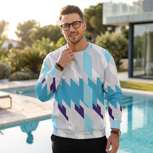 Man wearing a Good Wishes 365 recycled unisex sweatshirt with a blue, white, and purple geometric Glacier Shift print.