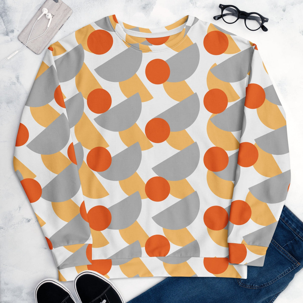 Good Wishes 365 recycled crew neck sweatshirt featuring an orange, yellow, and grey geometric circle pattern.