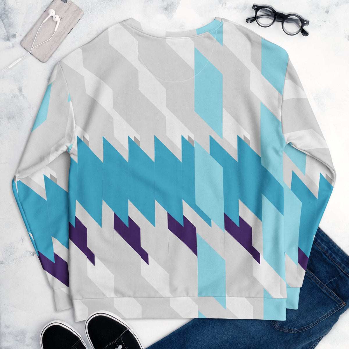 Good Wishes 365 unisex recycled sweatshirt featuring a blue, white, and purple geometric Glacier Shift print.