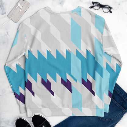Good Wishes 365 unisex recycled sweatshirt featuring a blue, white, and purple geometric Glacier Shift print.