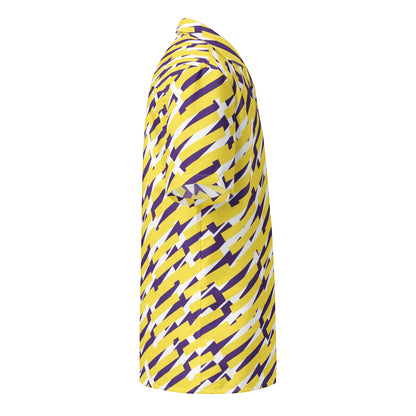 Good Wishes 365 short sleeve button down shirt with a yellow, purple, and white geometric pattern, side view. All-over print, unisex button shirt, product mockup, side view.