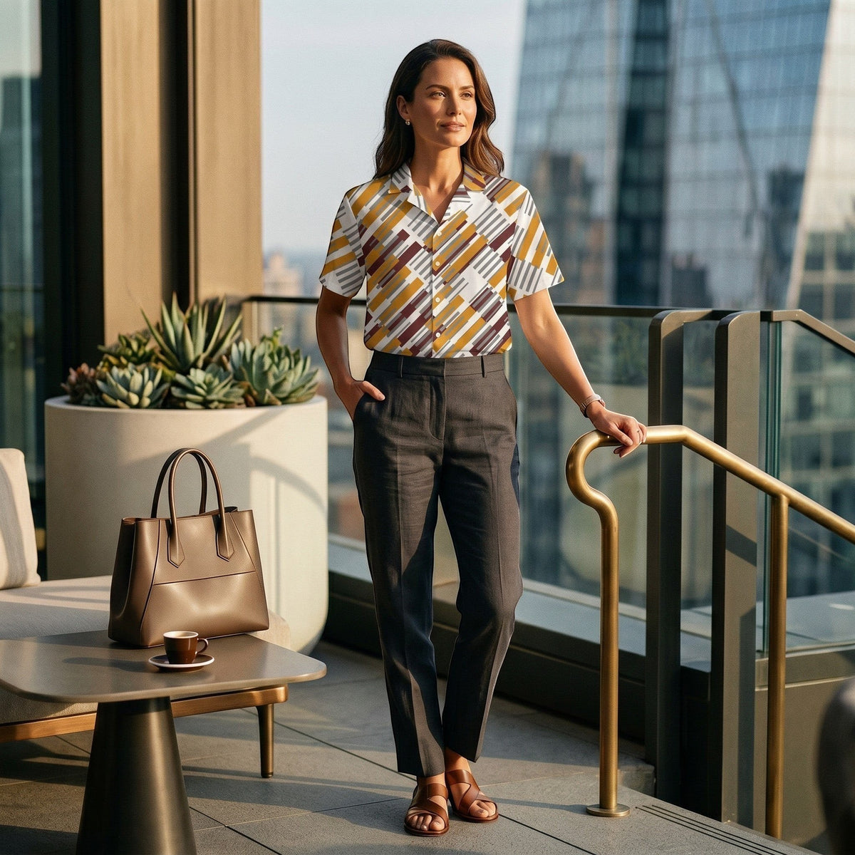 Good Wishes 365 short sleeve button down shirt with geometric print in mustard, burgundy, and grey on a woman on a terrace