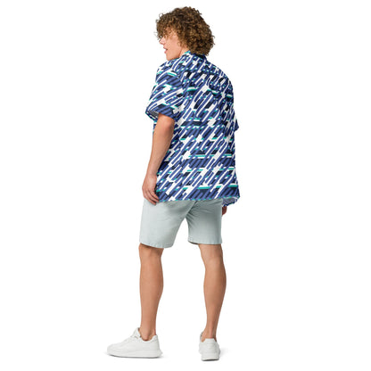Good Wishes 365 men's short sleeve button down shirt in mariner blue with a geometric pattern, worn with light shorts.
