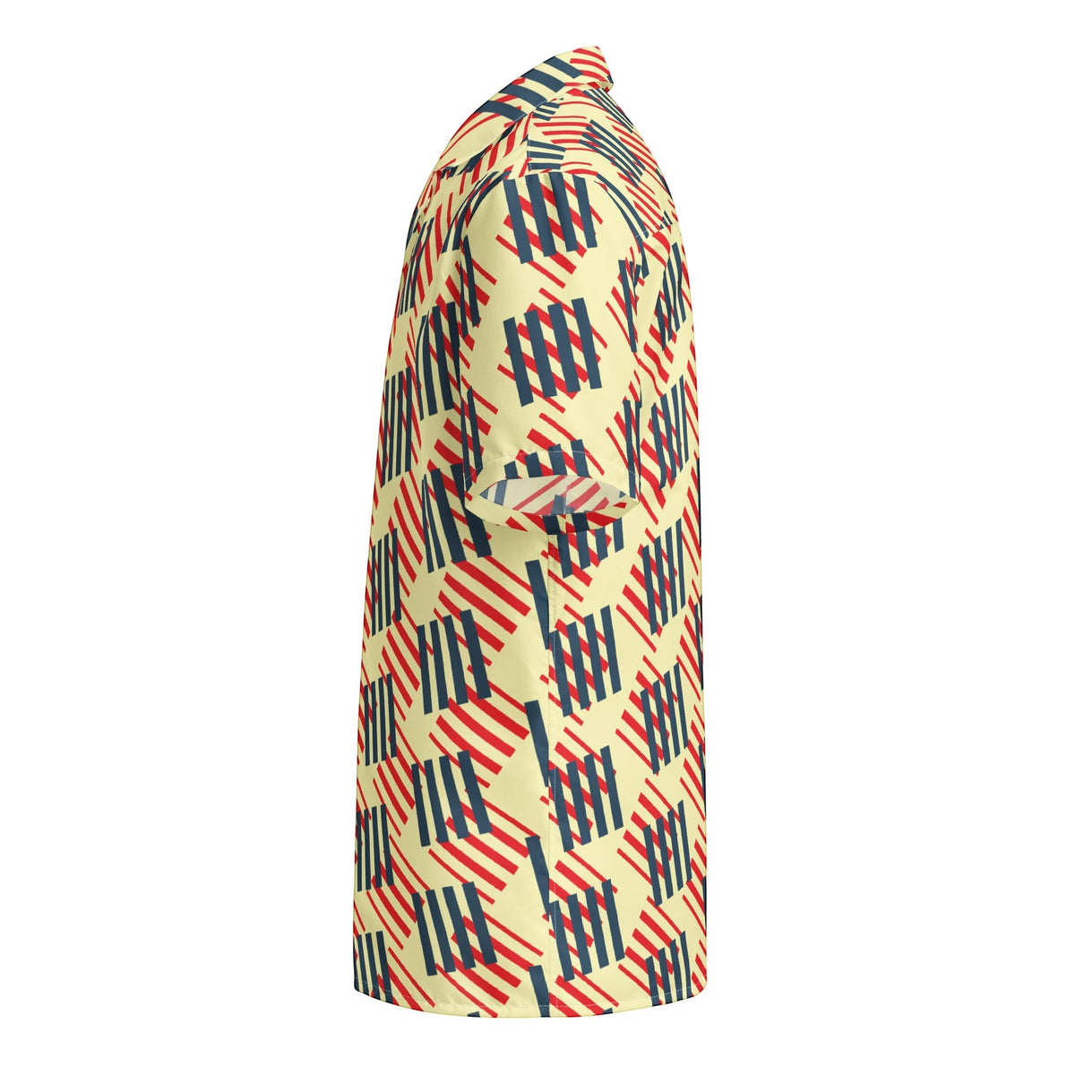 Good Wishes 365 men's short sleeve button-down shirt with a red, navy, and cream geometric pattern and camp collar.