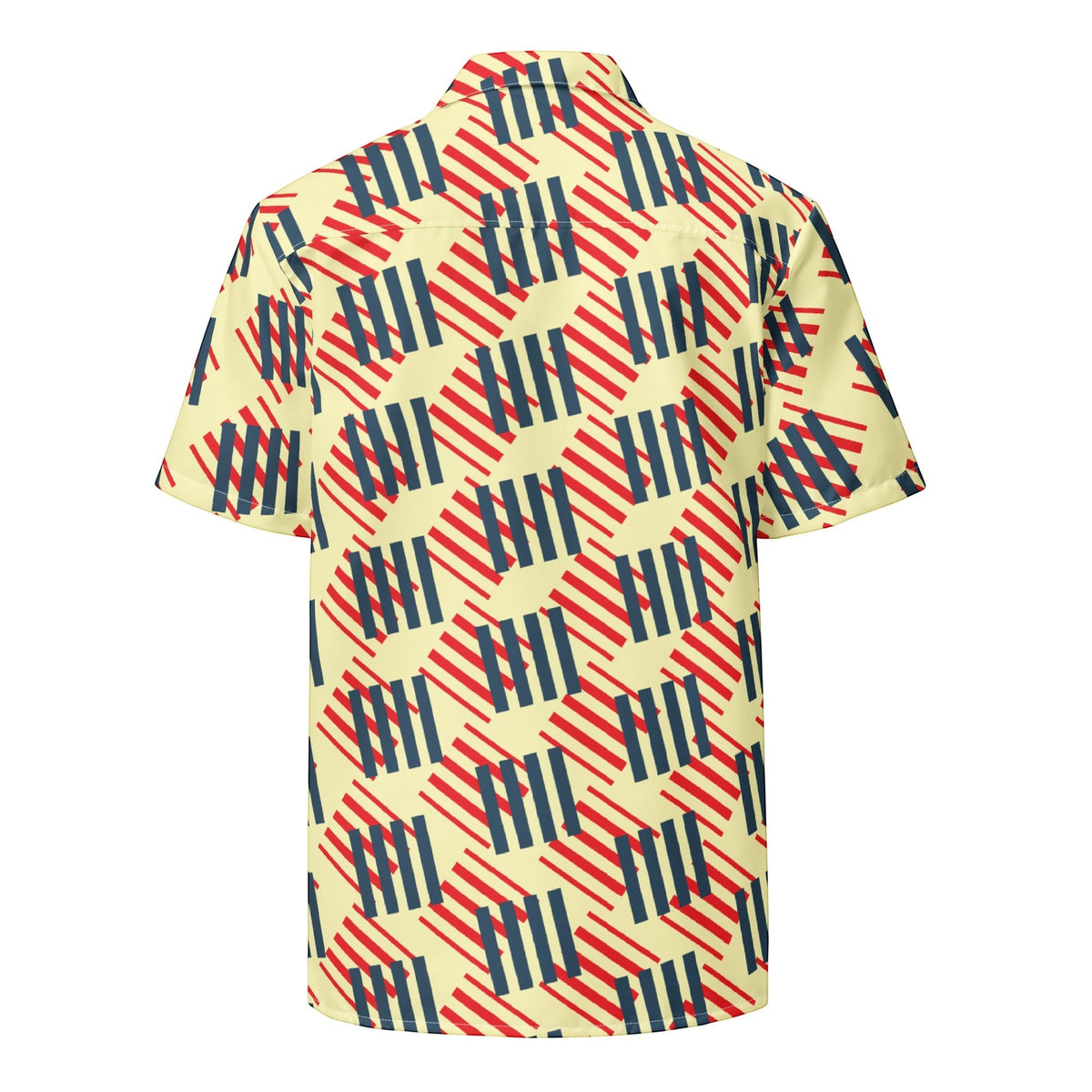 Back view of a Good Wishes 365 short sleeve button-down shirt with a geometric red, navy, and cream striped pattern.