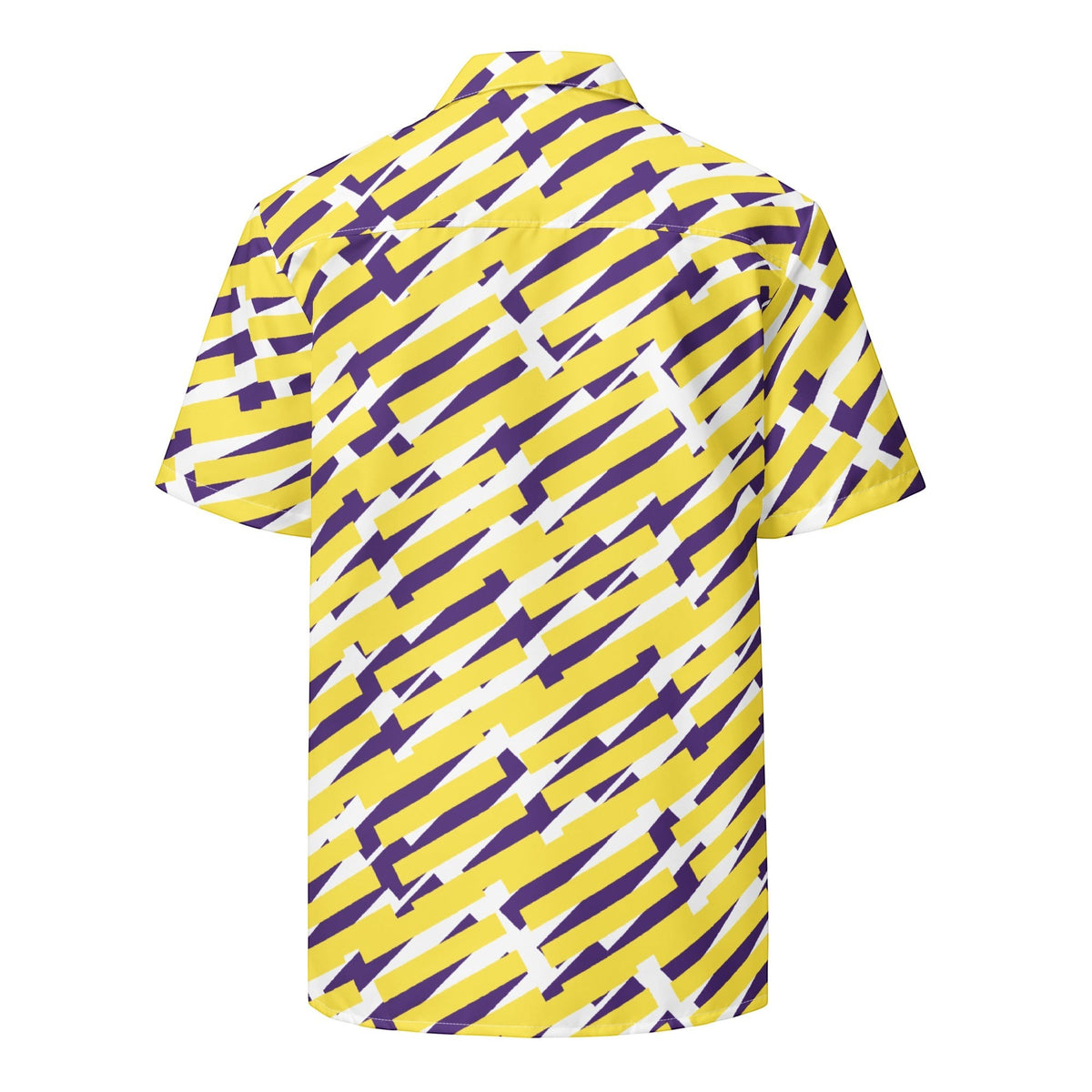 Back view of a Good Wishes 365 short sleeve button down shirt with a yellow, purple, and white geometric pattern. All-over print, unisex button shirt, product mockup, back view.