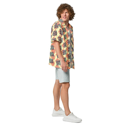 Good Wishes 365 men's short sleeve button down shirt with geometric red, navy, and cream pattern on a model