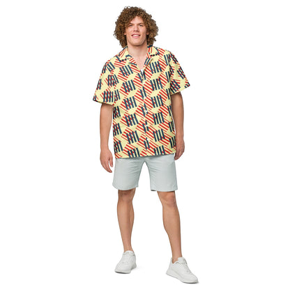 Good Wishes 365 men's short sleeve button down shirt with a red, navy, and cream geometric pattern and camp collar.