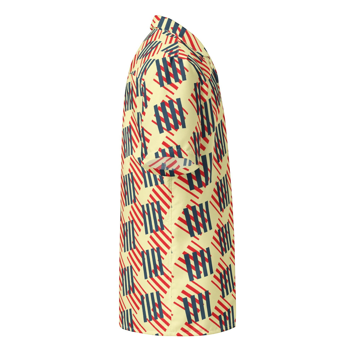 Good Wishes 365 men's short sleeve button down shirt with a cream, red, and navy geometric pattern and camp collar.