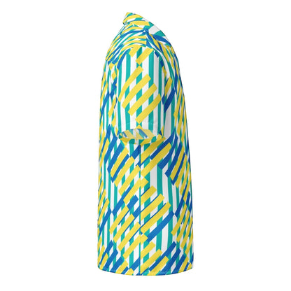 Good Wishes 365 unisex button shirt with a colorful geometric pattern of blue, yellow, and teal stripes on white. Oversized fit, moisture-wicking.