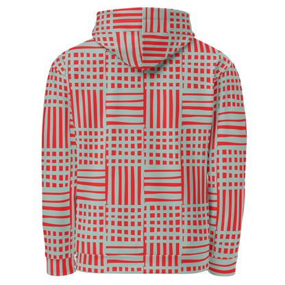 Good Wishes 365 recycled unisex hoodie featuring a red and blue geometric striped all-over print, back view.