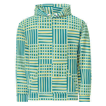 Good Wishes 365 recycled hoodie featuring a vibrant blue and yellow geometric stripe all-over print with a hood.