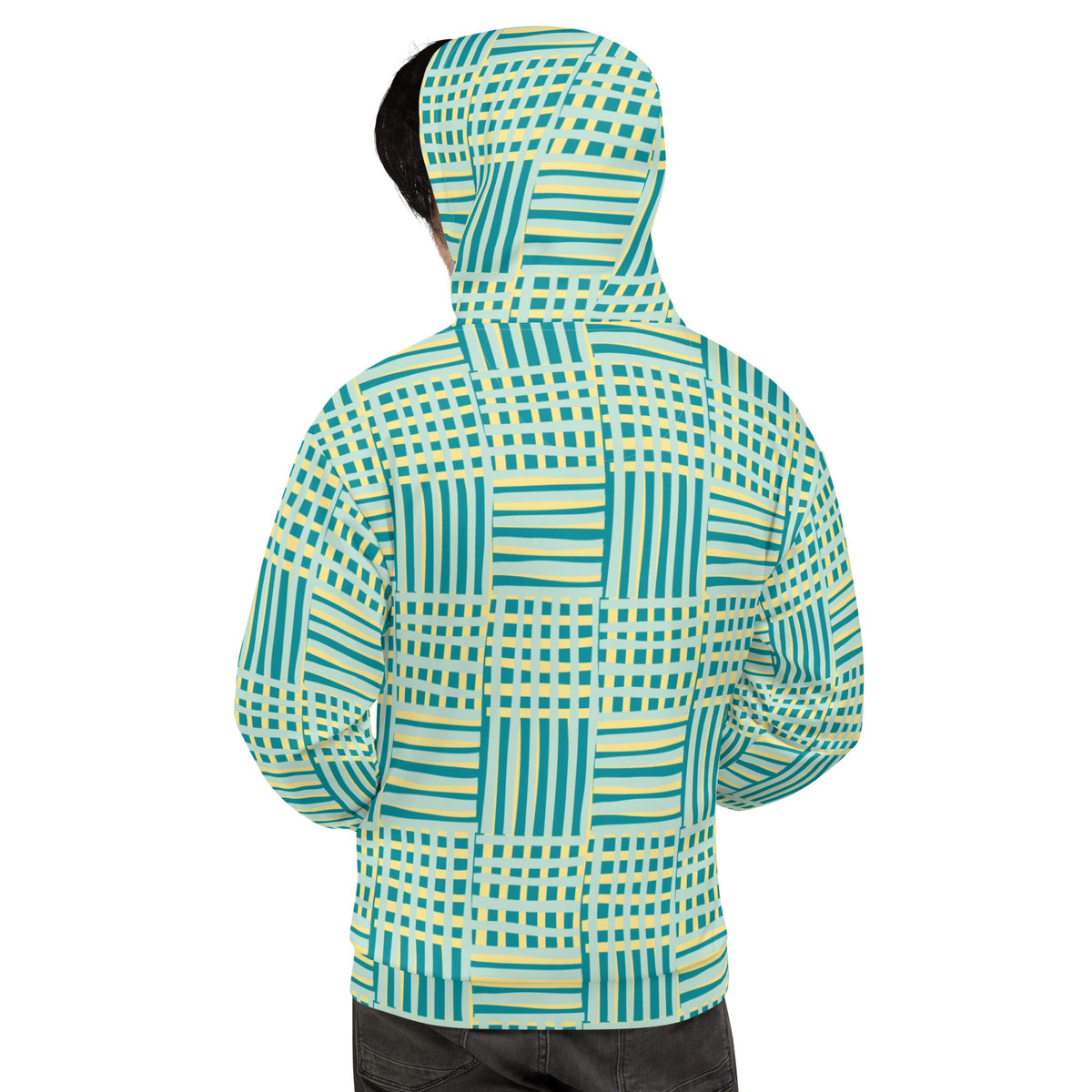 Back view of a Good Wishes 365 recycled hoodie with a blue and yellow geometric stripe all-over print on a person.