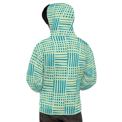 Back view of a Good Wishes 365 recycled hoodie with a blue and yellow geometric stripe all-over print on a person.
