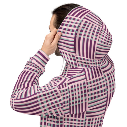 Good Wishes 365 recycled hoodie with purple, blue, and pink geometric stripe print, shown from a side profile view.
