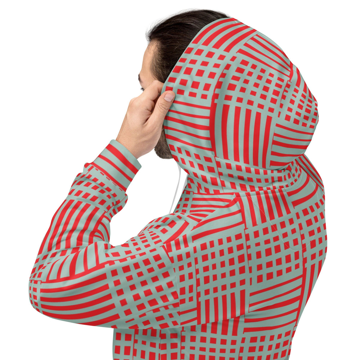 Good Wishes 365 recycled hoodie with red and blue geometric stripes, featuring a cozy hood and white drawstrings.