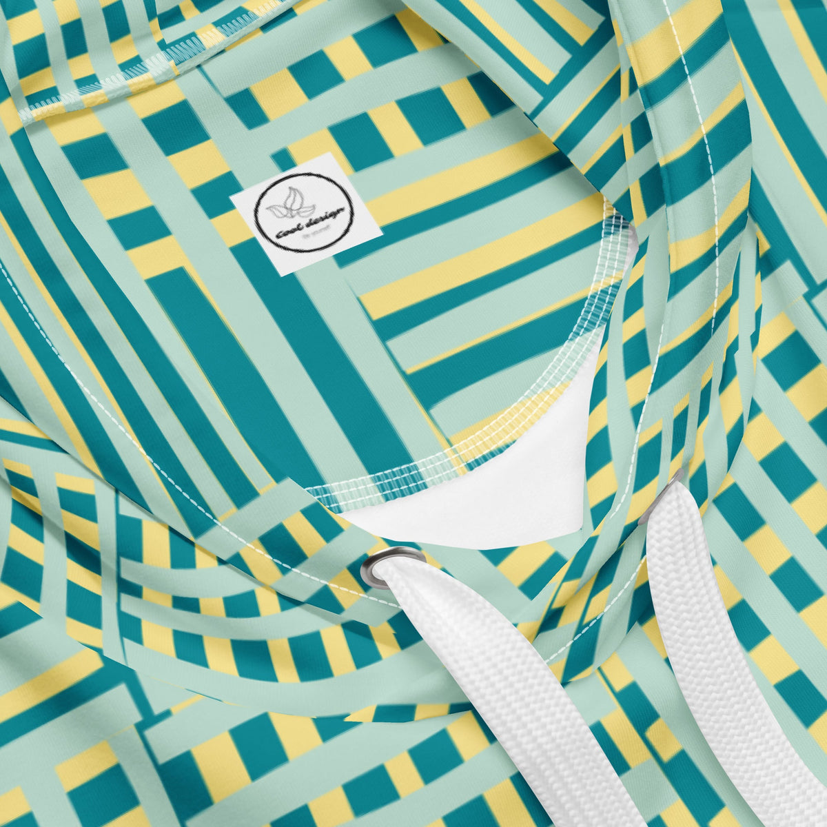 Good Wishes 365 recycled hoodie featuring a vibrant blue and yellow geometric stripe all-over print and white drawstrings