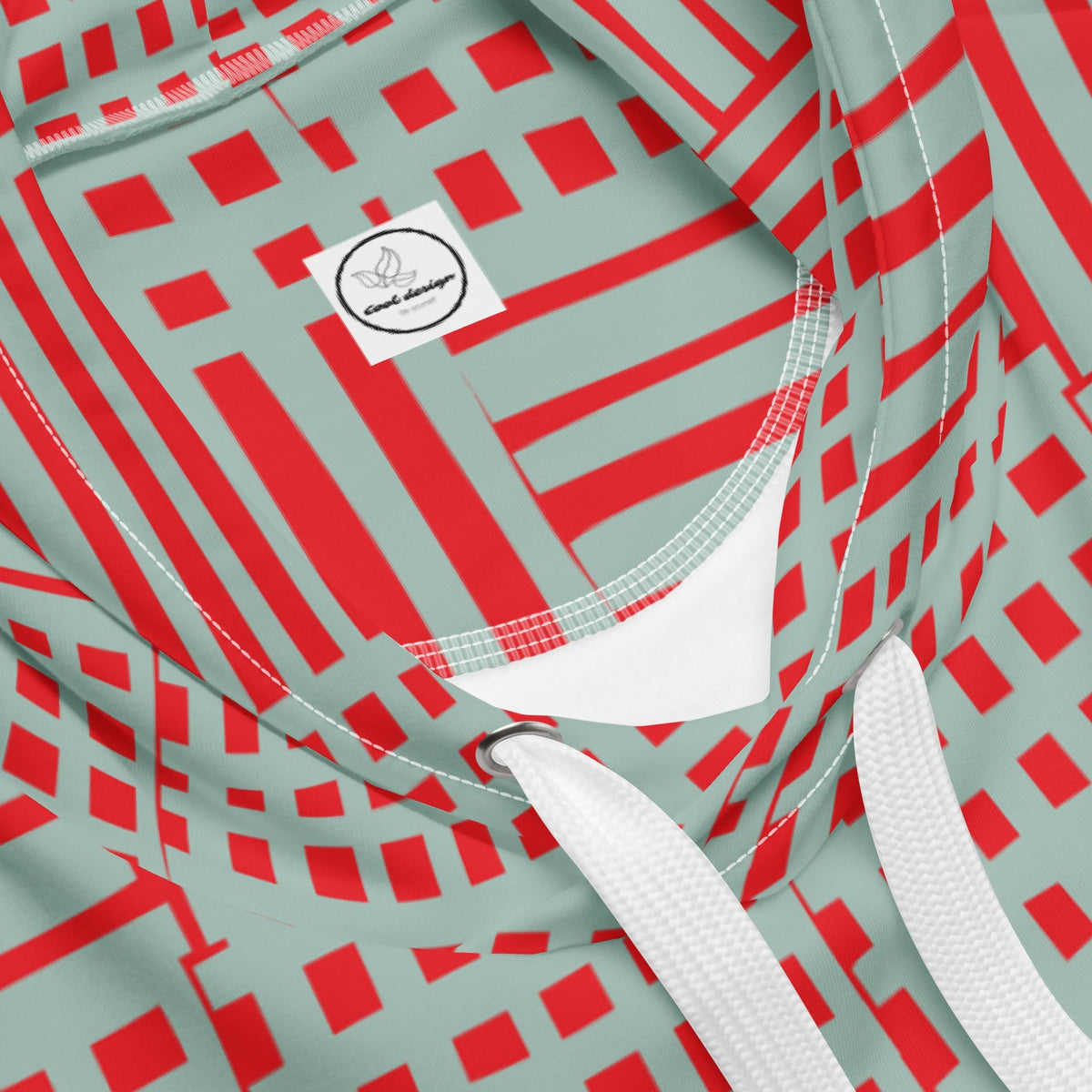 Good Wishes 365 recycled hoodie featuring a red and blue geometric stripe pattern with white adjustable drawstrings