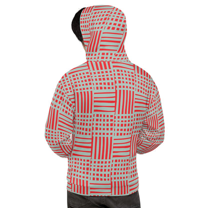 Back view of a Good Wishes 365 recycled hoodie featuring a red and blue geometric stripe pattern on a unisex fit.
