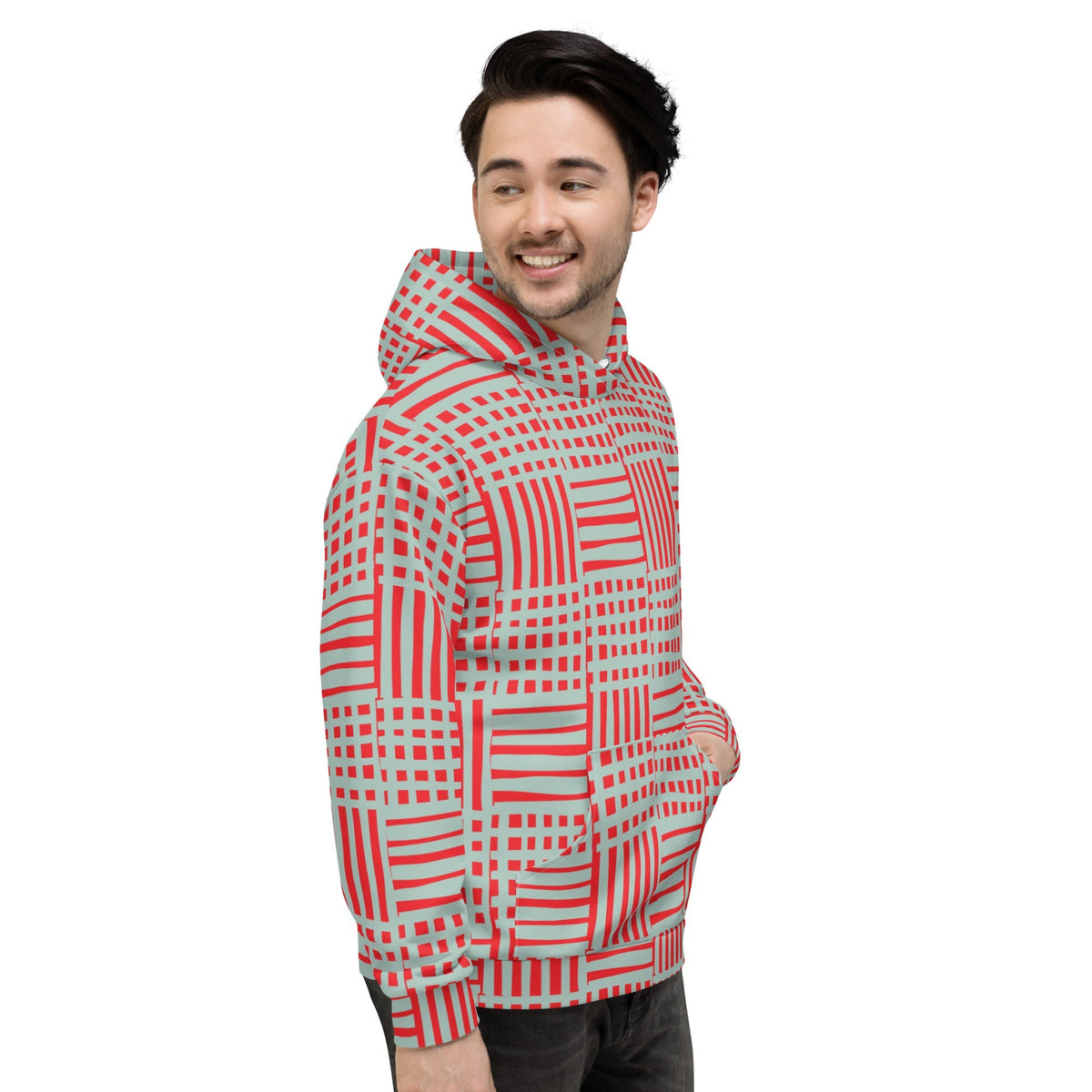 Good Wishes 365 recycled hoodie with red and blue geometric stripes, featuring a hood and kangaroo pocket on a model.