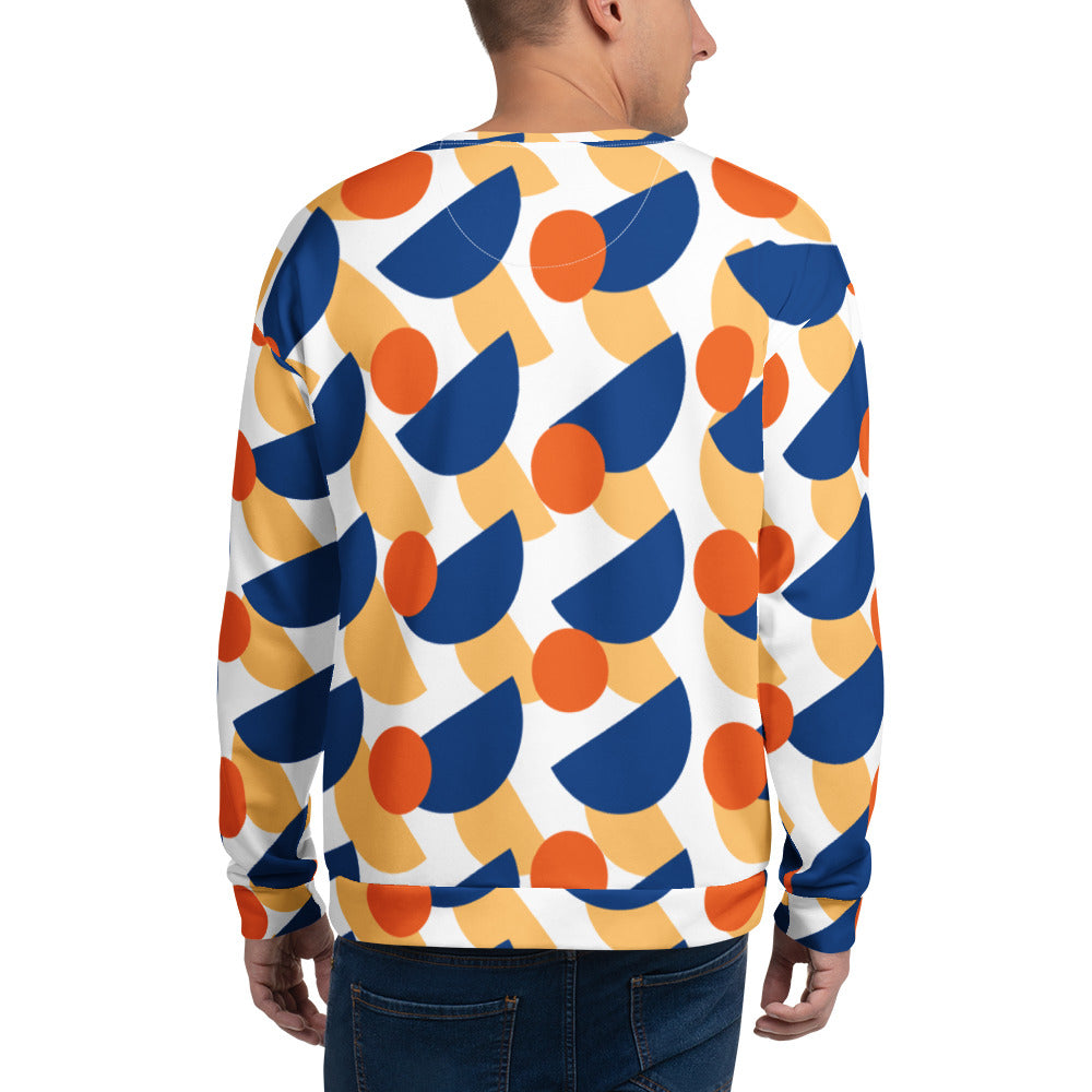Back view of a Good Wishes 365 unisex sweatshirt featuring a geometric mushroom print in cerulean, orange, and yellow.